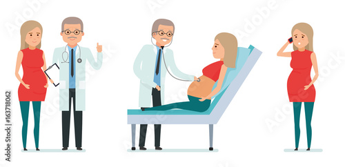 Pregnant woman in the center for human reproduction. On reception at the doctor. Vector illustration in a flat cartoon style
