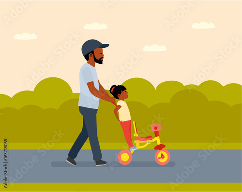 Family leisure. Summer time. African American people. Father walking with daughter in Park, daughter on the bike. Vector illustration in a flat cartoon style