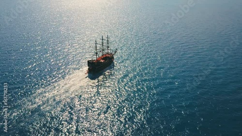 Aerial view of the party boat sailing ship at sea