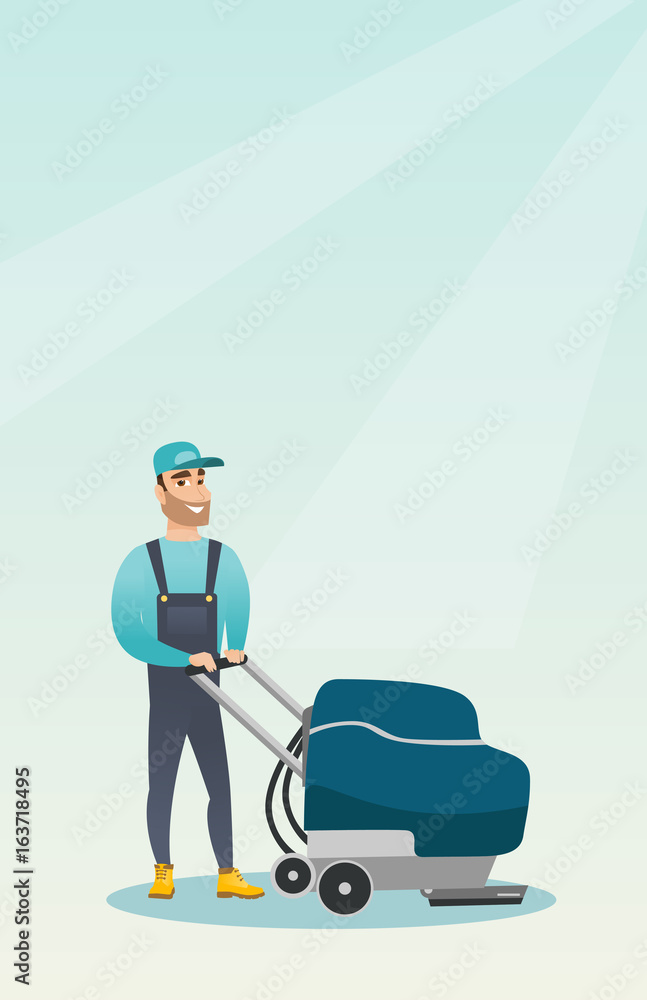 Man cleaning the store floor with a machine. Man cleaning the store floor with a machine.