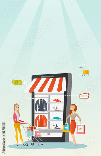 Women walking in store that looks like a tablet.