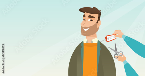 Caucasian man cutting price tag off new jacket.