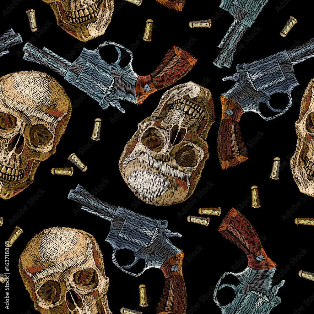 Embroidery skulls and guns seamless pattern. Wild west embroidery
