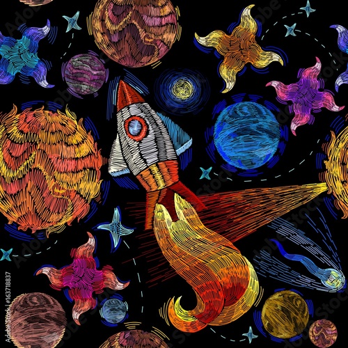 Embroidery universe seamless pattern. Rocket, planet, solar system, galaxy. Space embroidery, planet and space rockets. Childish background t-shirt design