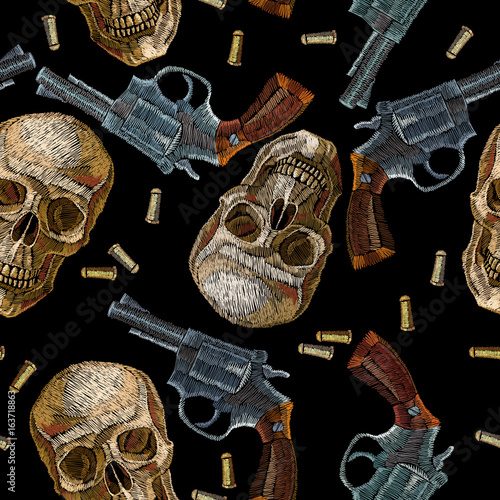 Embroidery skulls and guns seamless pattern. Wild west embroidery old revolvers and human skulls, gangster gothic background