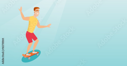 Young caucasian man riding skateboard.