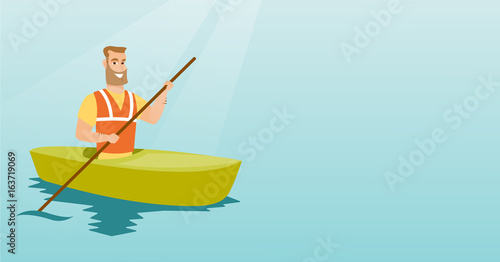Young caucasian man travelling by kayak.
