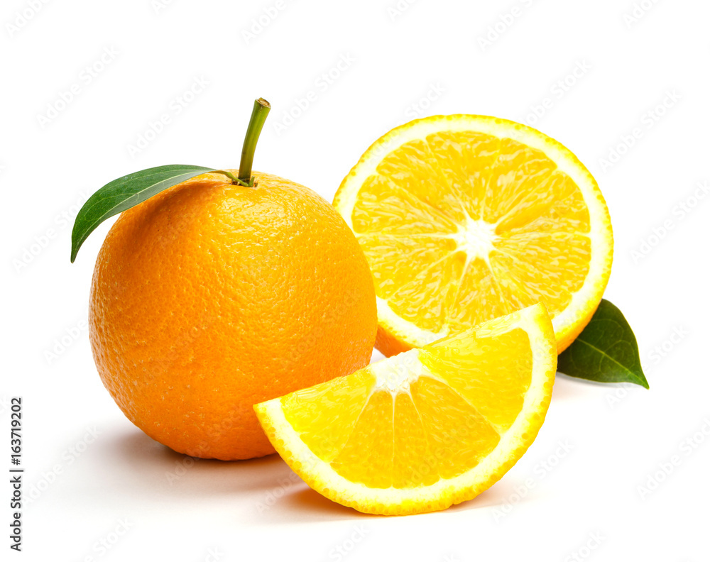 Oranges group freshly on a white background. Half of orange isolate on white background Oranges group freshly on a white background. Half of orange isolate on white background