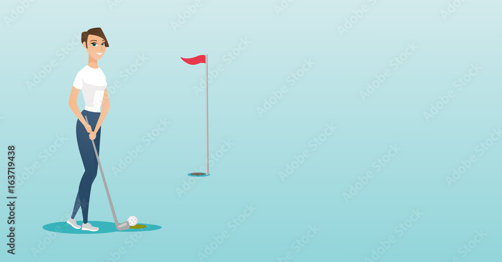 Fototapeta premium Young caucasian golfer hitting a ball.