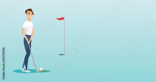 Young caucasian golfer hitting a ball.