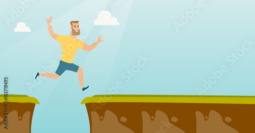 Young caucasian sportsman jumping over the cliff.