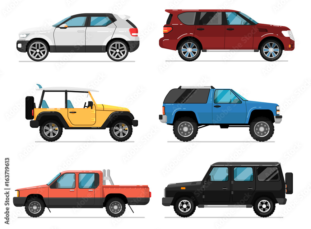Modern city car set. Hatchback, universal, pick up, van, off road truck, suv isolated vector illustration on white background. Comfortable auto vehicle, side view people city transport in flat design. - obrazy, fototapety, plakaty 