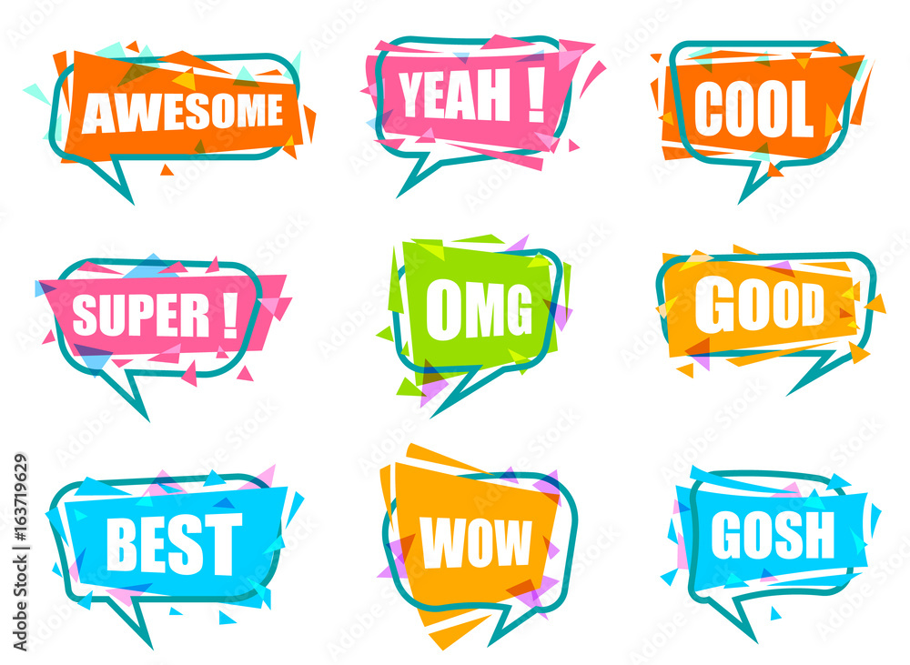 Trendy speech bubble colorful set. Most commonly used acronyms and replica  collection. Awesome, yeah, cool, super, omg, good, best, wow, gosh label  isolated on white background vector illustration. Stock-Vektorgrafik |  Adobe Stock