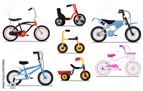 Different types bicycle for kids set. Tricycle and classic bikes for boy and girl, children toy isolated vector illustration in flat design. Outdoor people transportation and travel activity.