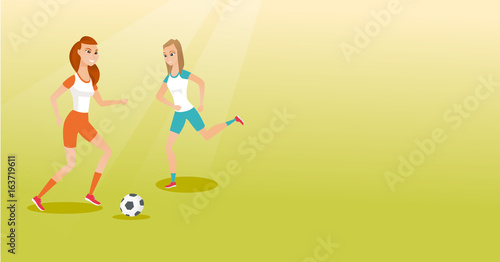 Two caucasian soccer players fighting for a ball.