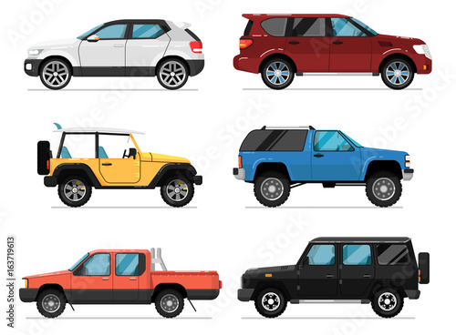 Modern city car set. Hatchback, universal, pick up, van, off road truck, suv isolated vector illustration on white background. Comfortable auto vehicle, side view people city transport in flat design. photo