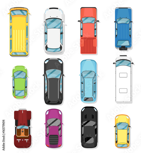 Top view modern city car set. Hatchback, universal, pick up, van, off road truck, suv, sport car isolated vector illustration. Comfortable auto vehicle, people city transport in flat design.