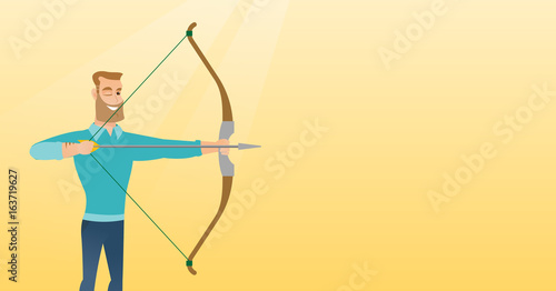 Young caucasian archer training with a bow.