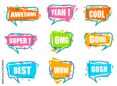 Trendy speech bubble colorful set. Most commonly used acronyms and replica collection. Awesome, yeah, cool, super, omg, good, best, wow, gosh label isolated on white background vector illustration.
