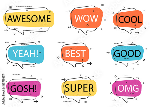 Trendy speech bubble isolated set. Awesome, yeah, cool, super, omg, good, best, wow, gosh label isolated vector illustration. Most commonly used acronyms, abbreviation, and replica collection.