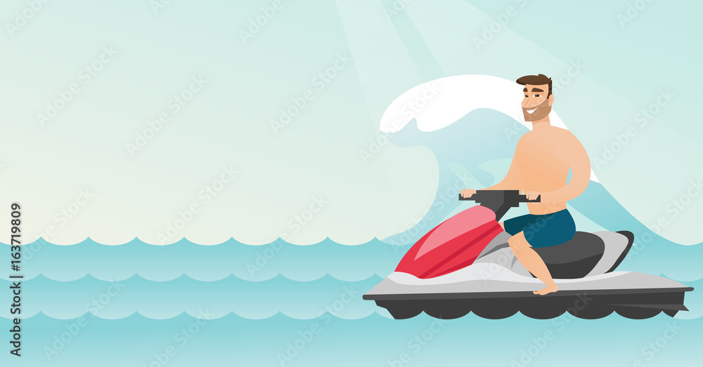 Caucasian man riding on a water scooter in the sea Caucasian man riding on a water scooter in the sea