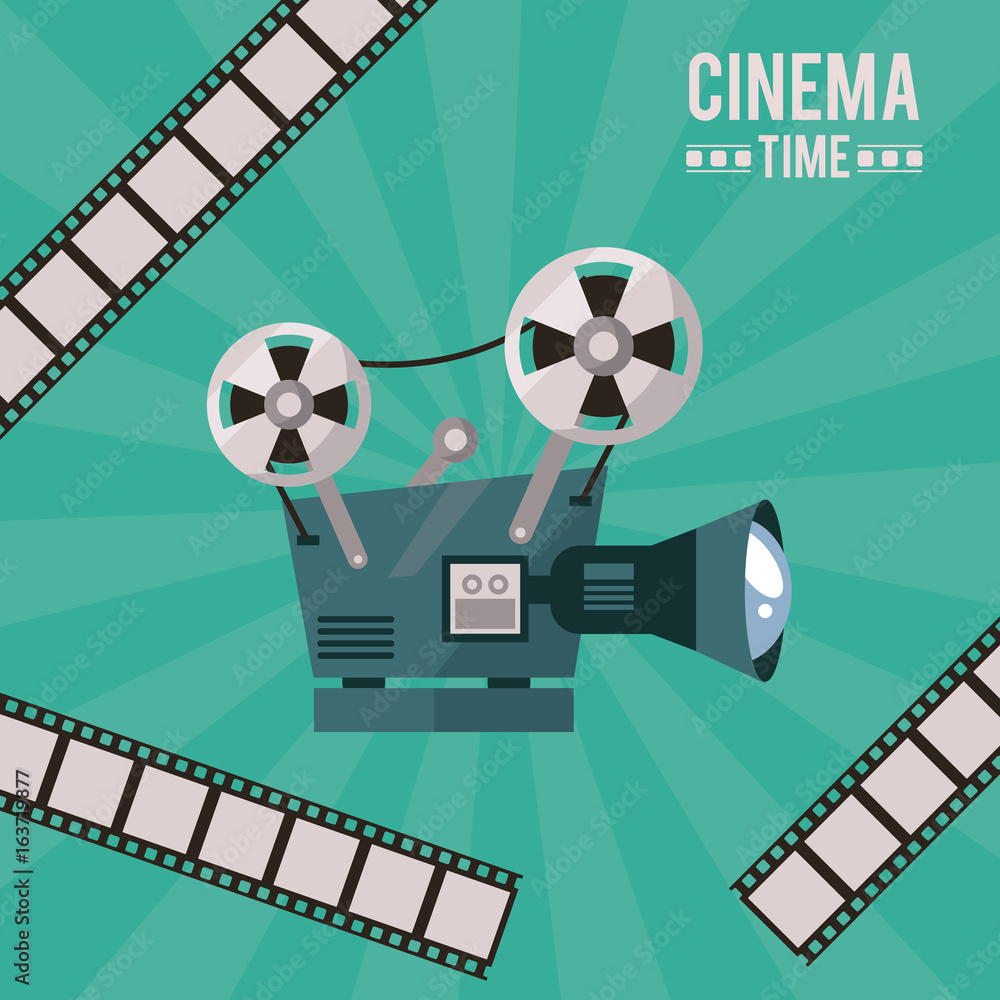 colorful poster of cinema time with movie projector and film tape