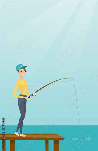Young caucasian woman fishing on jetty.