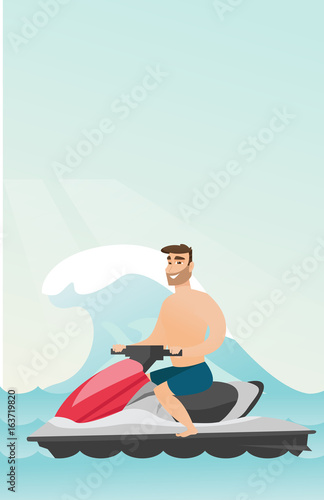 Caucasian man riding on a water scooter in the sea