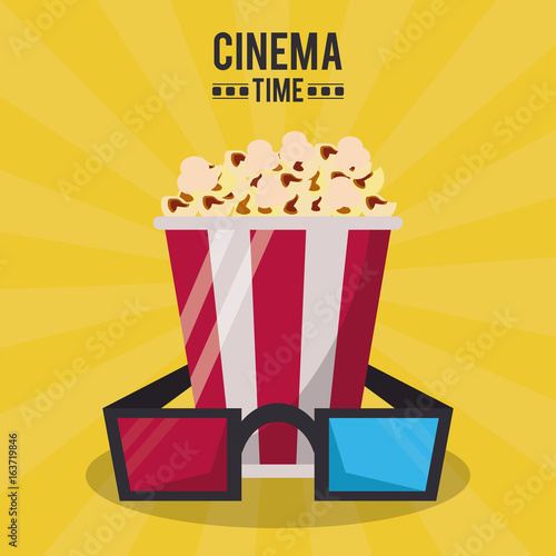 colorful poster of cinema time with 3D glasses and popcorn