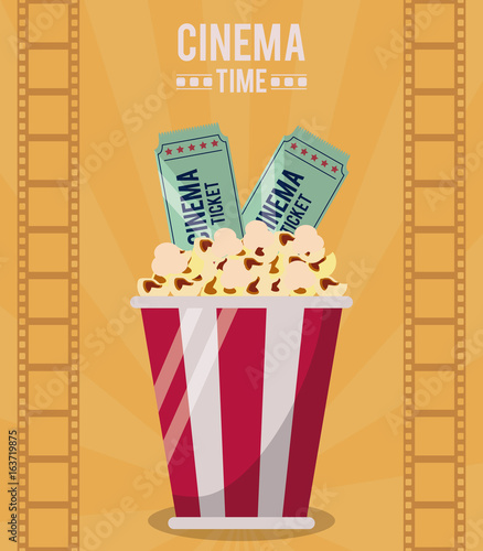 colorful poster of cinema time with popcorn bucket and tickets
