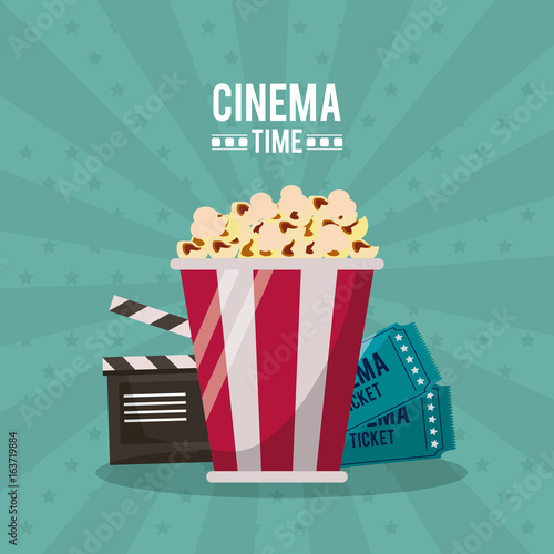 colorful poster of cinema time with clapperboard and tickets behind the popcorn in closeup