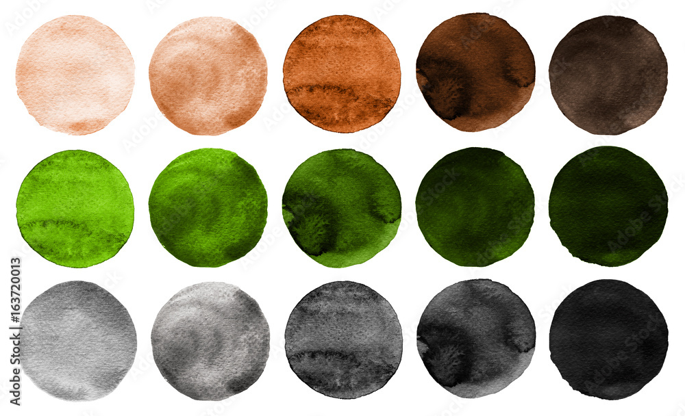 Watercolor circles in shades of green, gray and brown colors isolated on white background. Watercolor circles in shades of green, gray and brown colors isolated on white background.