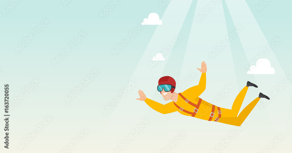 Caucasian parachutist jumping with a parachute.