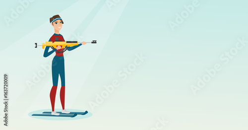 Young caucasian biathlon runner aiming at target.