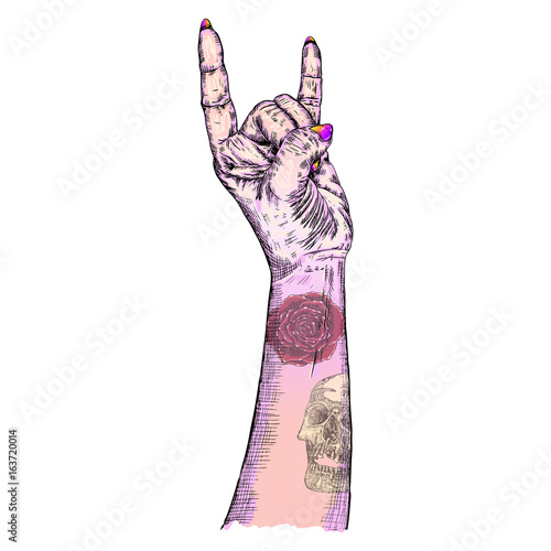 Pink gothic emo witch girl hand in rock n roll sign with human skull and rose flash tattoo. Rock and metal music poster. Female feminine wrist or fist with gesture of demon, evil, Satan. Vector.