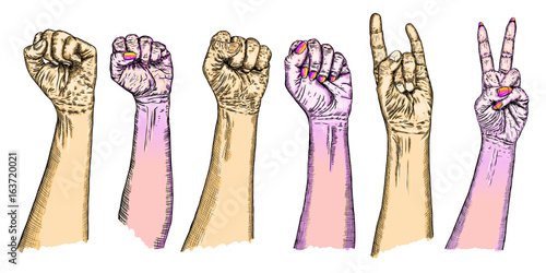 Youth crowd hands manifesting new generation. Raise high up fists, a lot of hands of young people boys and girls with different gestures. Millennials woman and man wrist freedom victory signs. Vector.