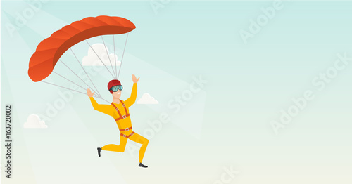 Young caucasian skydiver flying with a parachute.