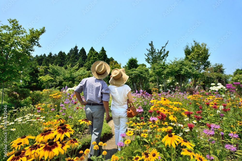 青空と花々とカップル