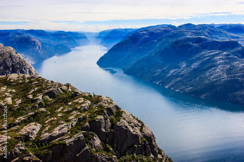 Majestic View from Preikestolen preacher pulpit rock, Lysefjord as background, Rogaland county, Norway, Europe