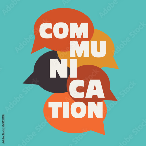 Vector illustration of a communication concept. The word "communication" with colorful dialog speech bubbles