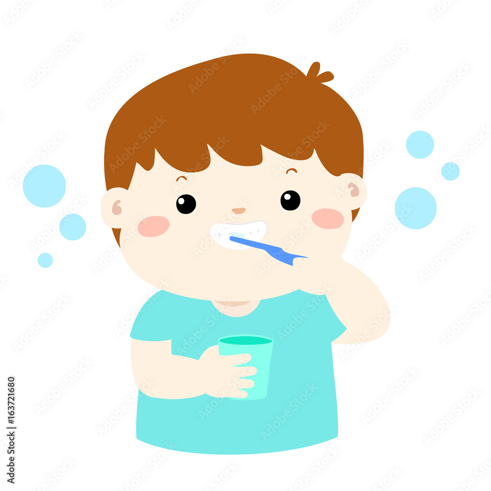 Happy boy brushing teeth cartoon vector.