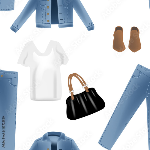 Vector realism pattern with hand drawn realism illustrations modern look jeans denim jacket.