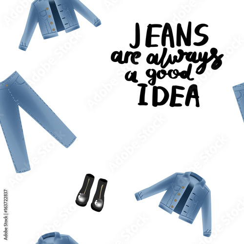 Vector realism pattern with hand drawn realism illustrations modern look jeans denim jacket.