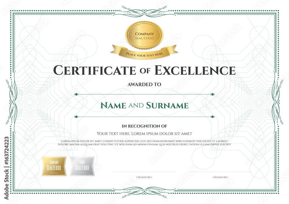 Certificate of excellence template with award ribbon on abstract guilloche background with vintage border style Certificate of excellence template with award ribbon on abstract guilloche background with vintage border style