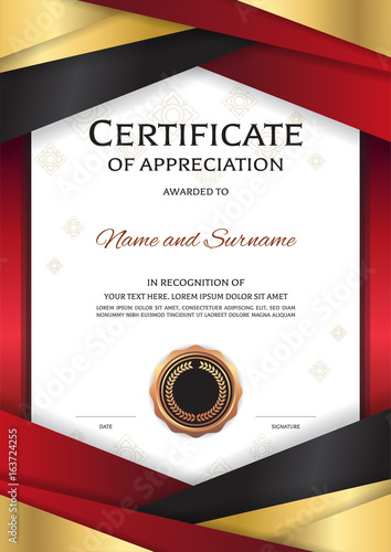 Portrait luxury certificate template with elegant golden red border frame, Diploma design for graduation or completion