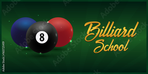 Billiard school poster on a green background. Vector illustration.