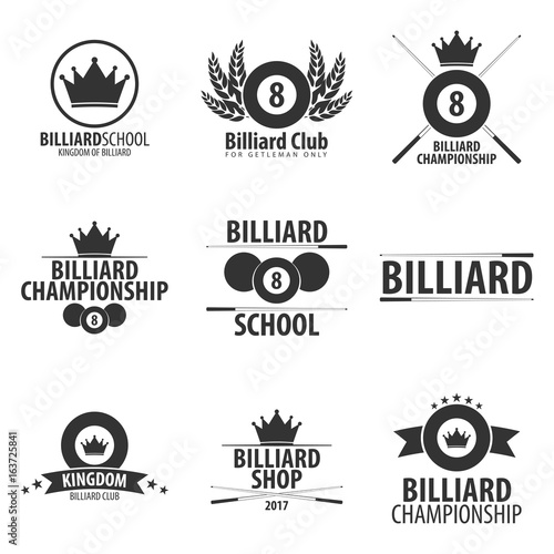 Set of Logos for Billiard school, club or shop. Vector illustration.