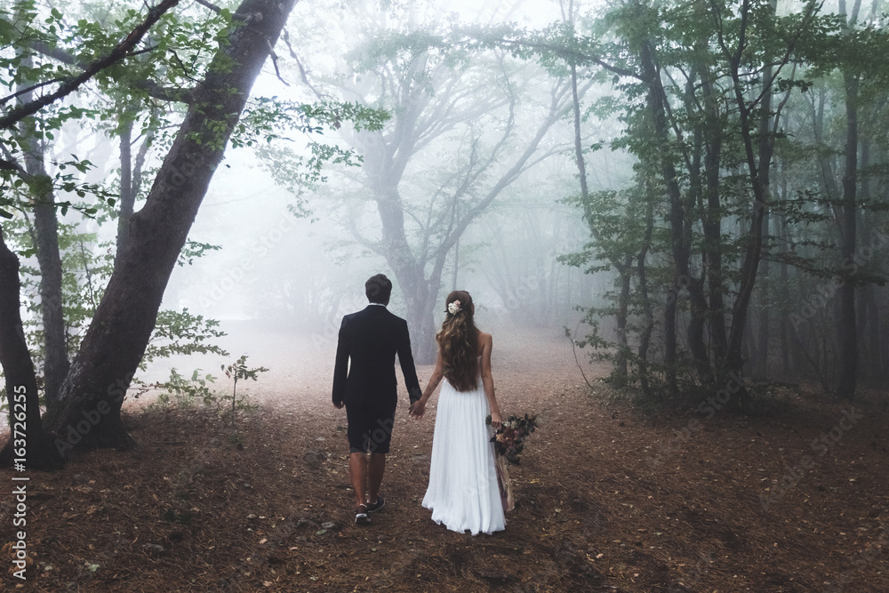 Bride and groom walking in autumn forest. Amazing autumn fog and mystery mood. Beautiful nature around Bride and groom walking in autumn forest. Amazing autumn fog and mystery mood. Beautiful nature around