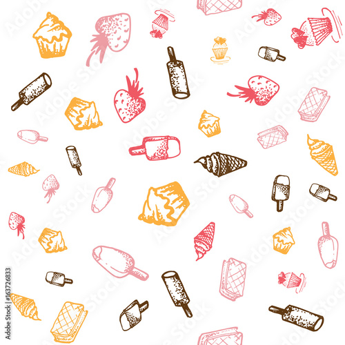 Food hand-drawn sketch line icons seamless pattern on white background