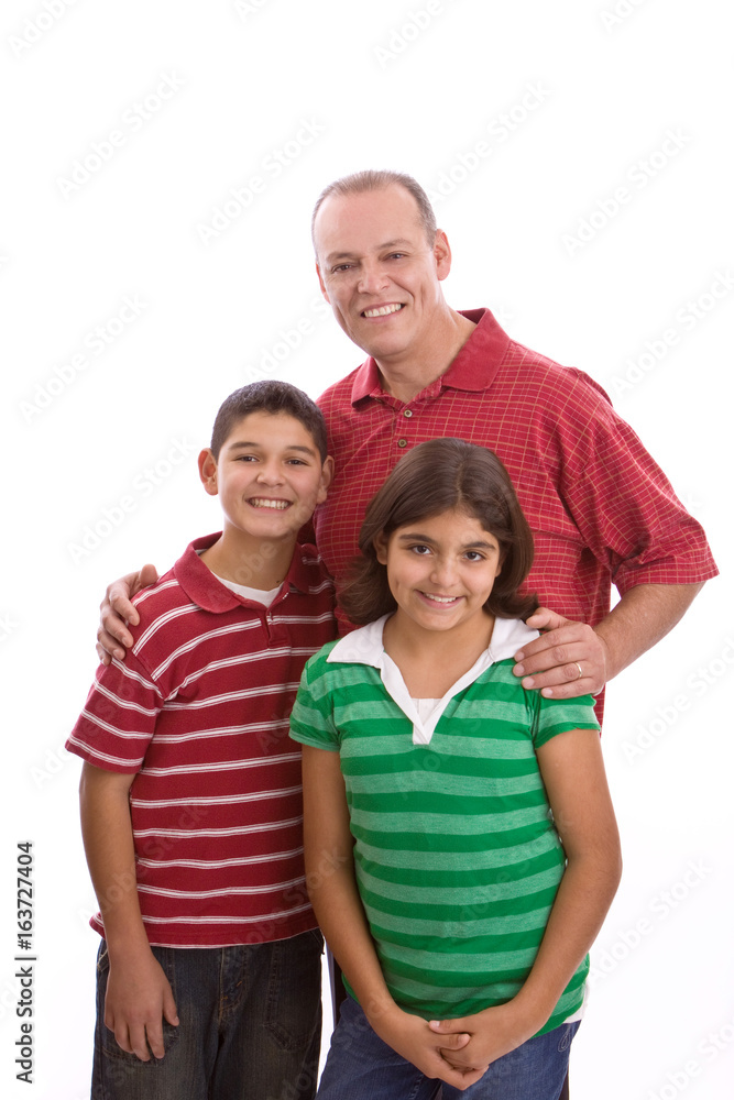 Hispanic family smiling isolated on white.
